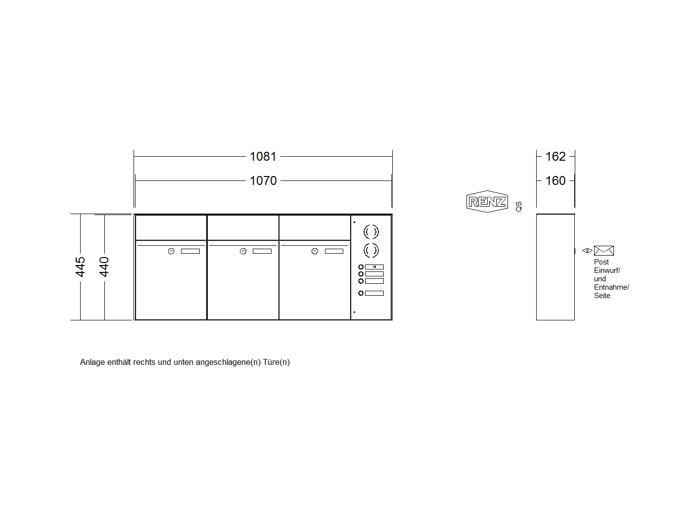 RENZ PLAN Edelstahl, Anlage mit Installationskasten, Kasten 300x440x160, 3-teilig