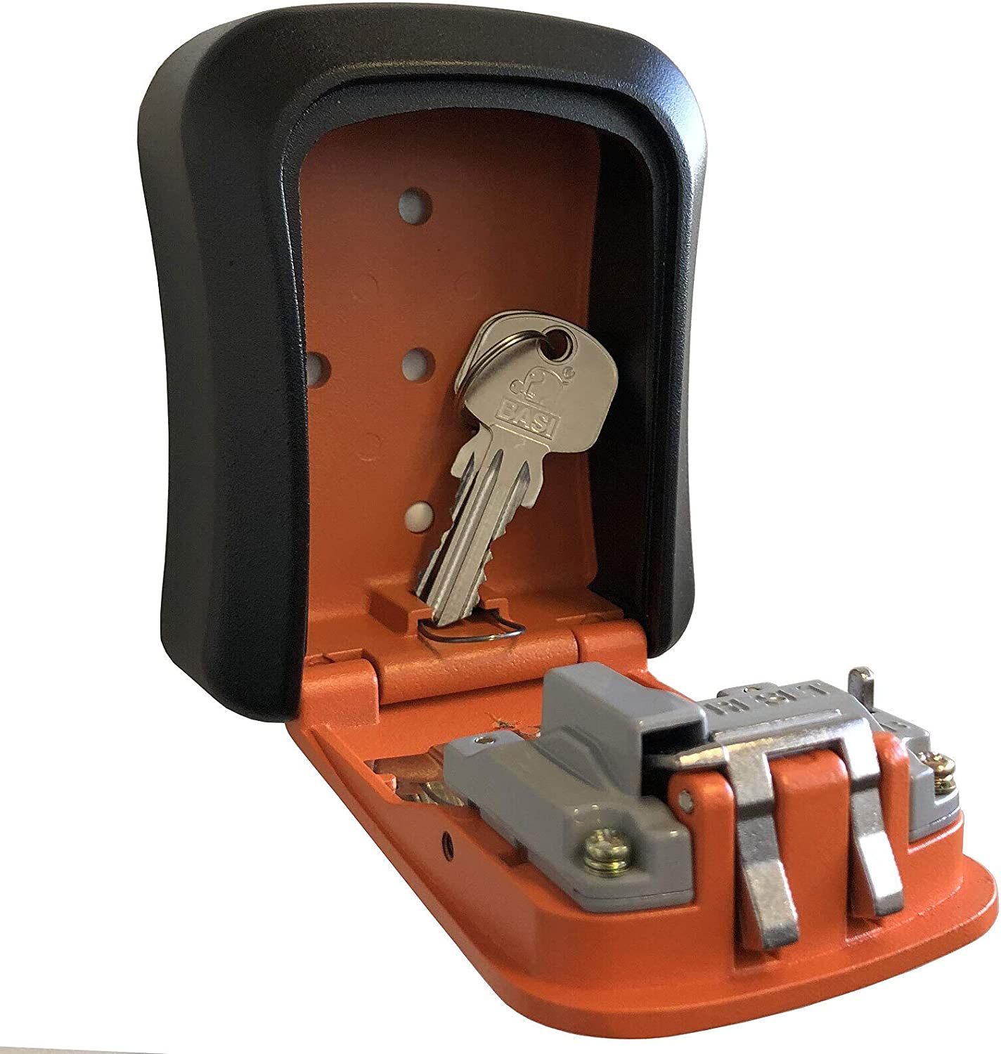 BASI Schlüsselsafe mit Zahlenschloss mini Schlüssel Tresor Safe Schlüsselkasten Wetterfest Schlüsselbox schwarz | orange