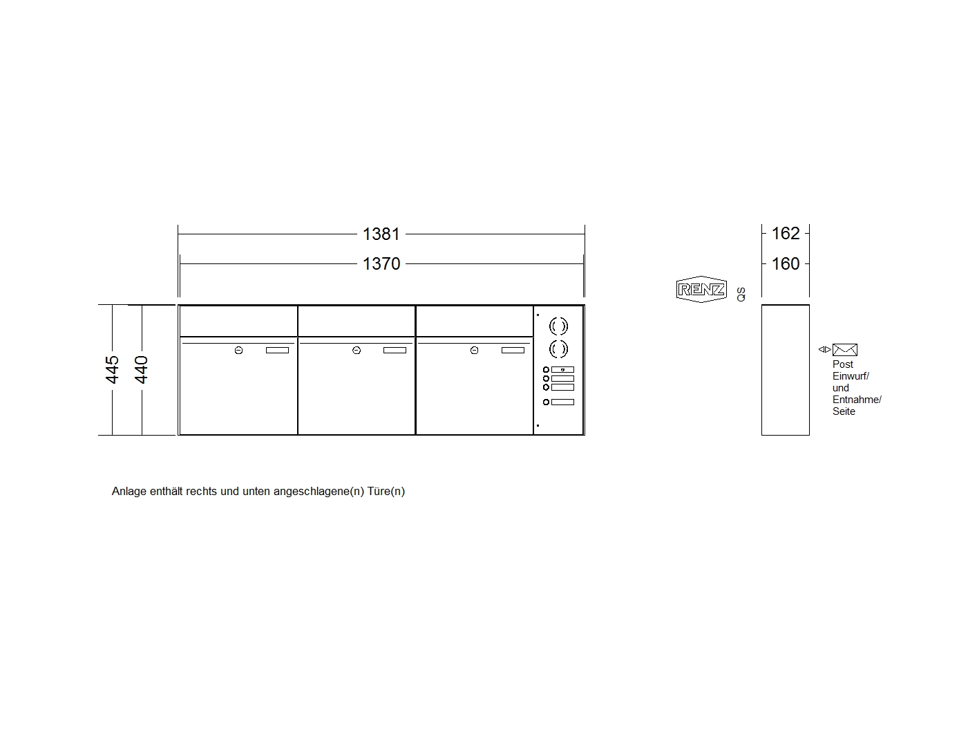 RENZ PLAN Edelstahl, Anlage mit Installationskasten, Kasten 400x440x160, 3-teilig
