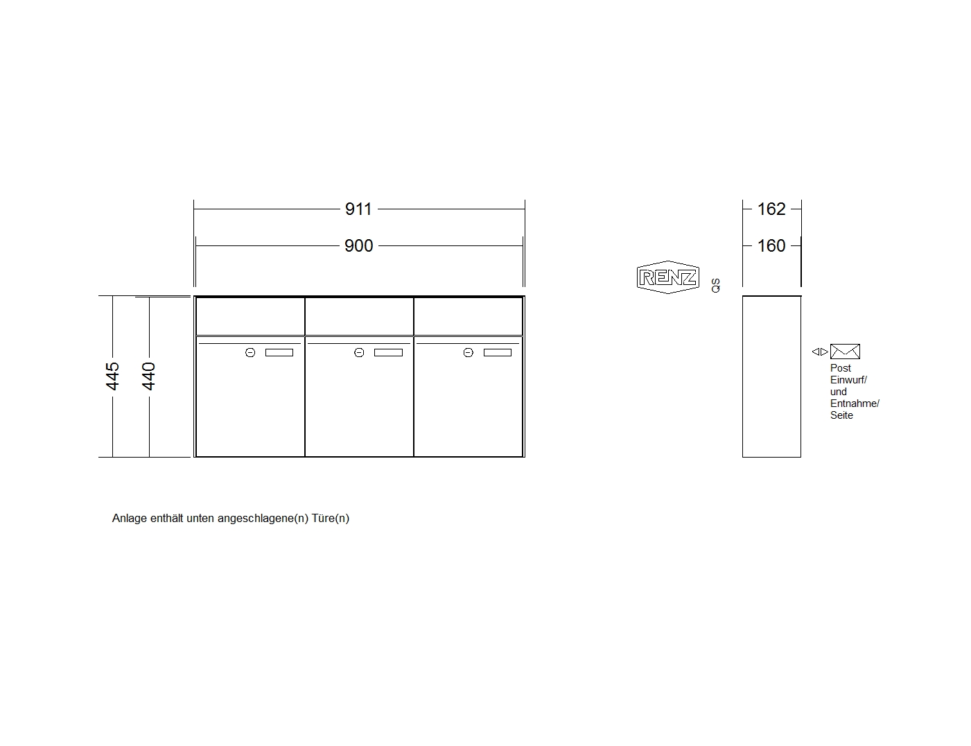 RENZ PLAN Edelstahl, Anlage ohne Installationskasten, Kasten 300x440x160, 3-teilig