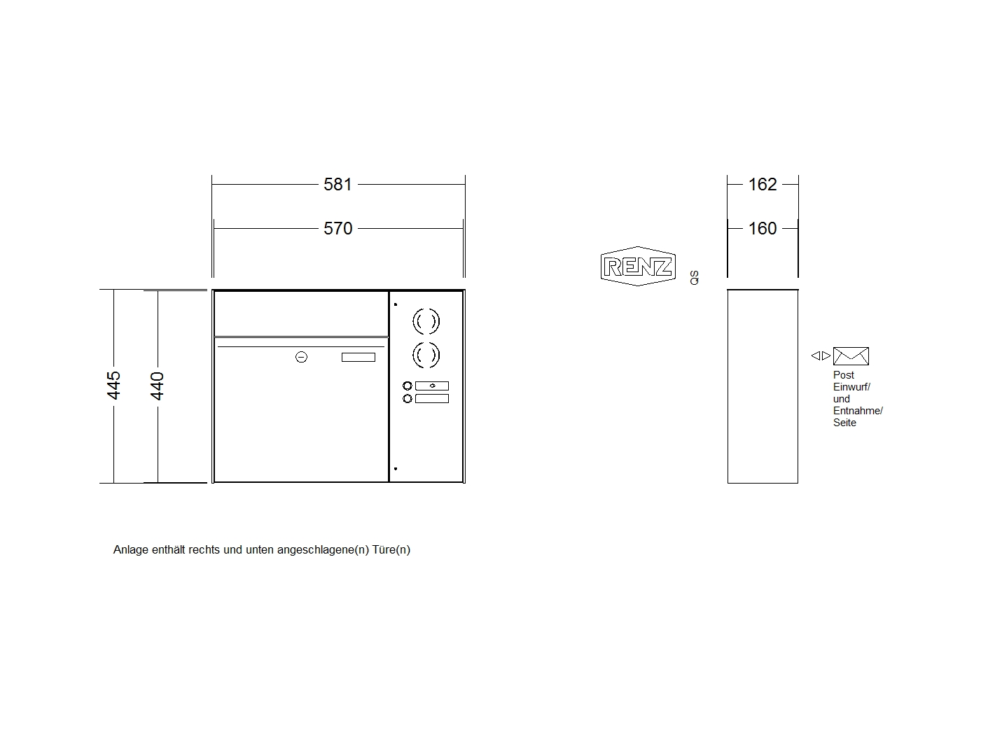 RENZ PLAN Edelstahl, Anlage mit Installationskasten, Kasten 400x440x160, 1-teilig Installationkasten senkrecht