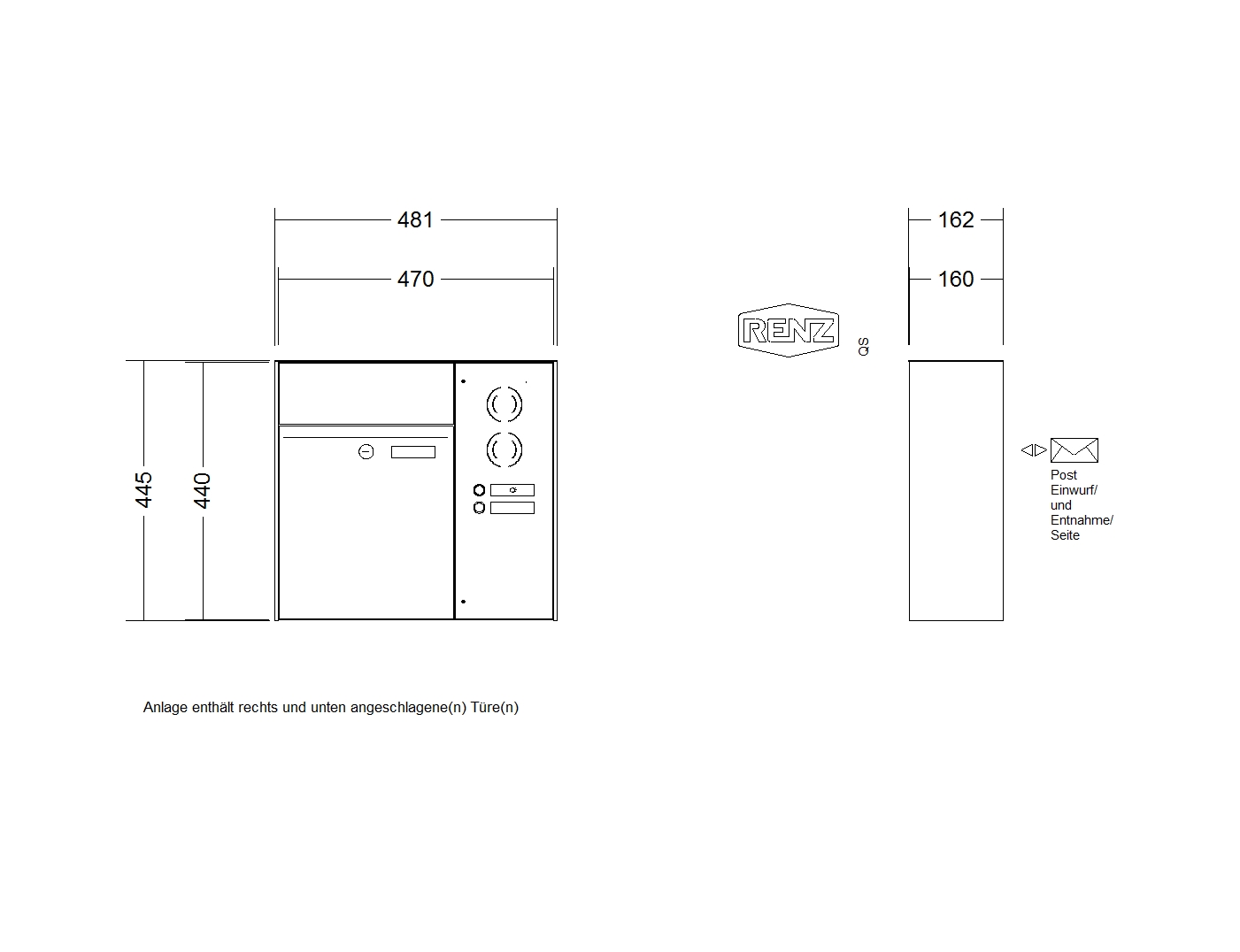 RENZ PLAN Edelstahl, Anlage mit Installationskasten, Kasten 300x440x160, 1-teilig Installationkasten senkrecht